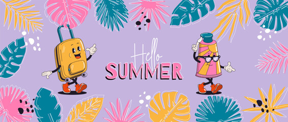 Tropical summer banner with walking retro characters. Colorful abstract vector design background for poster, invitation and cover with tropical leaves, shapes and textures
