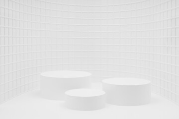 White abstract stage mockup as curved niche - three cylinder podiums, mosaic tile in refined minimalism style, template for presentation cosmetic products, spa, goods, advertising, showing, design.