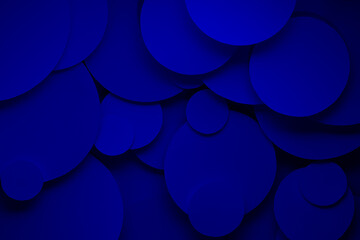 Dark blue ultramarine abstract background of fly paper circles different size, top view, top view, backdrop for advertising, design, card, poster, flyer, text, modern fashion trendy style.