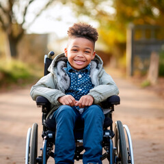 black smiling kid in a wheelchair