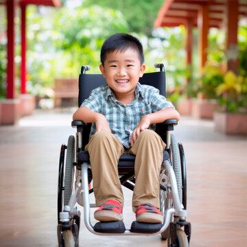 asian smiling kid in a wheelchair