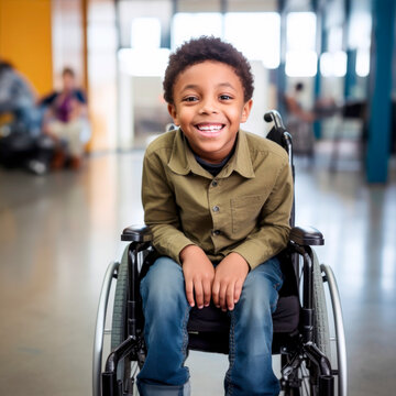 black smiling kid in a wheelchair