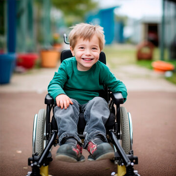 smiling kid in a wheelchair