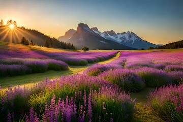 Fototapeta na wymiar lavender field in the morning AI GENERATED