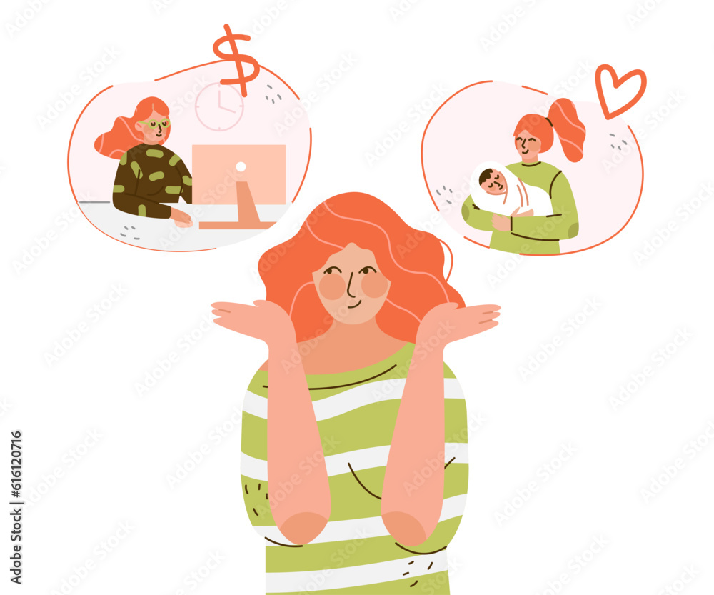 Poster Woman Character Make Choice Choosing Between Two Options Vector Illustration