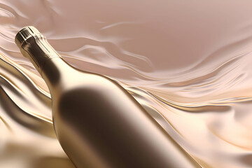 A bottle of champagne on a golden beige background, Generative AI