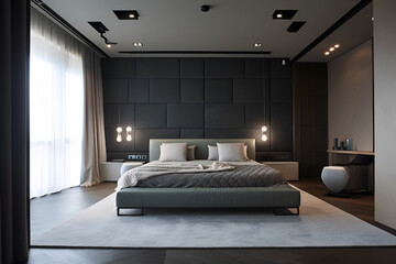 Fototapeta na wymiar Classic style bedroom interior with modern bed in luxury house. AI generated
