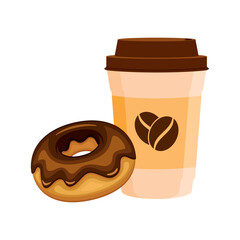 Coffee paper cup and chocolate donut vector illustration. Brown plastic coffee cup to go and doughnut icon vector isolated on a white background