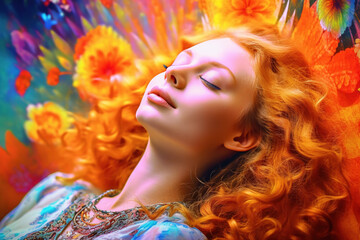 Fantasy colorful beautiful young woman portrait, composite photo.