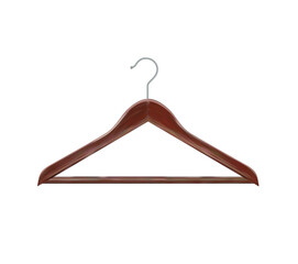 Wooden clothes hangers mahogany clothes hanger. Realistic vector clothes hanger wooden hanger closeup isolated on background. Design template, clipart or layout for graphics. Vector