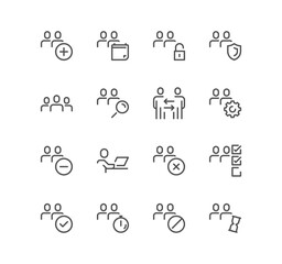 Set of people related icons, male, female, profile, personal, business people, group, leader, human and linear variety vectors.
