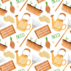 Watercolor pattern, tools, watering can, plant pot, wooden box on white background. For garden products, wrapping etc.