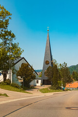 Fototapeta na wymiar Alpine summer view with a church near Steibis, Oberstaufen, Oberallgaeu, Bavaria, Germany