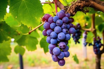 Grapes hanging from lush green vine at vineyard. Generative AI