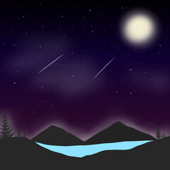 Mountain lake view with moon starry night sky wallpaper background