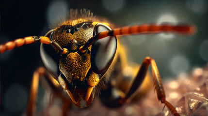 Ultra macro wasp portrait, detailed close-up image of a wasp face, generative ai