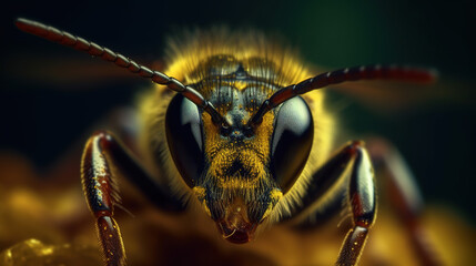 Ultra macro bee portrait, detailed close-up image of bee's face, generative ai