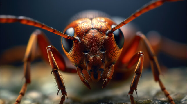 Ultra macro ant portrait shot, detailed close-up image of ant's face, generative ai