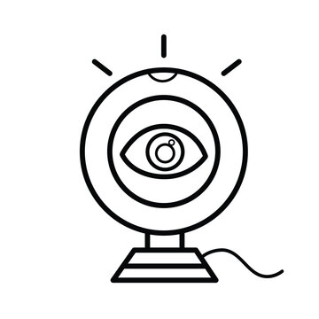Webcam with eye no privacy themed vector icon outline isolated on square white background. Simple flat cartoon art styled drawing with cyber internet security.