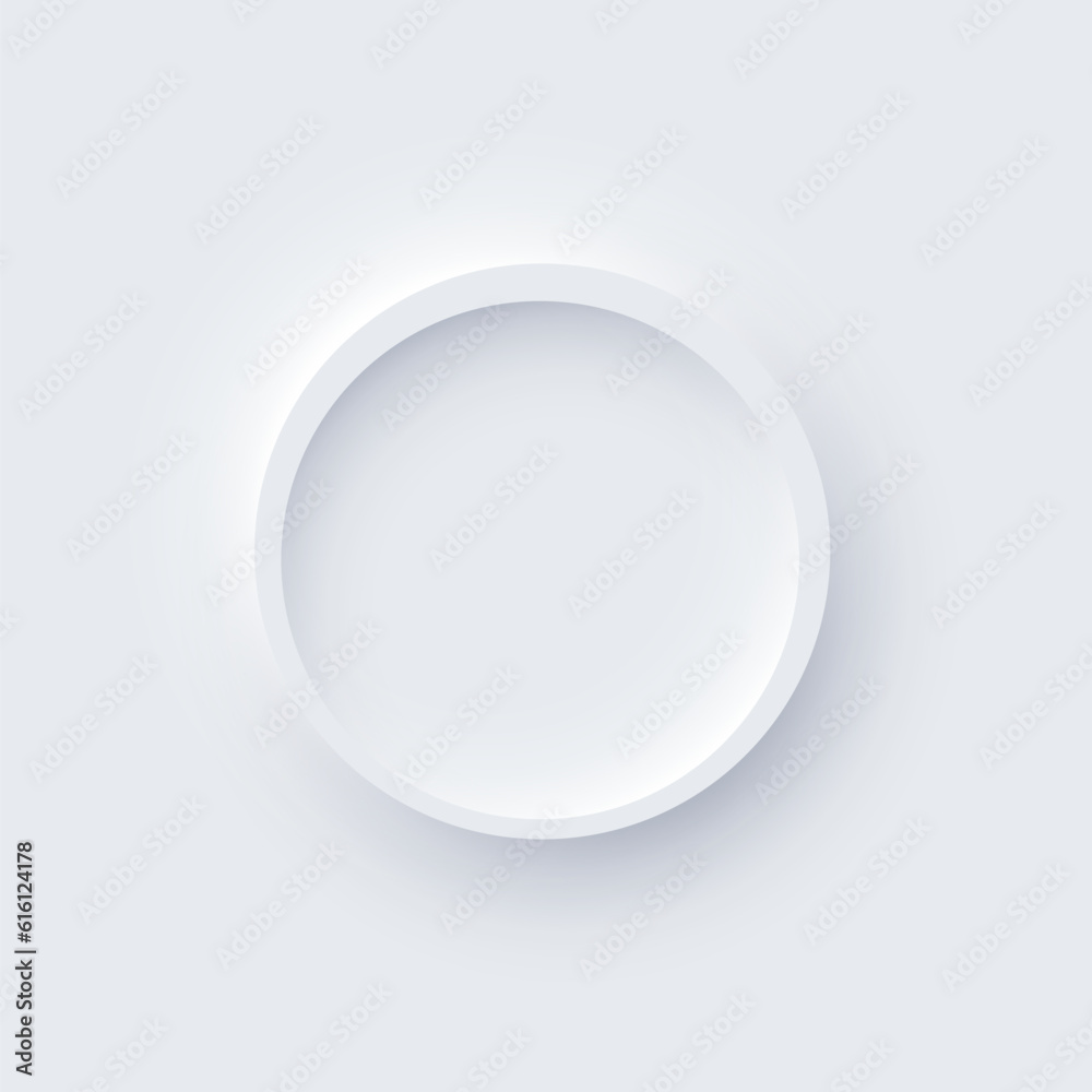 Poster neumorphism ui, circle white ring button with shadow vector illustration. abstract 3d skeuomorphic m