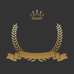 Realistic gold laurel wreath with golden ribbon and crown. Premium insignia, traditional victory symbol on black backdrop. Triumph, win poster, banner layout , shiny frame, border