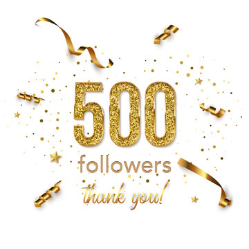 Half thousand followers celebration square vector banner. Social media achievement poster. 500 followers thank you lettering. Golden sparkling confetti ribbons. Shiny gratitude text on white