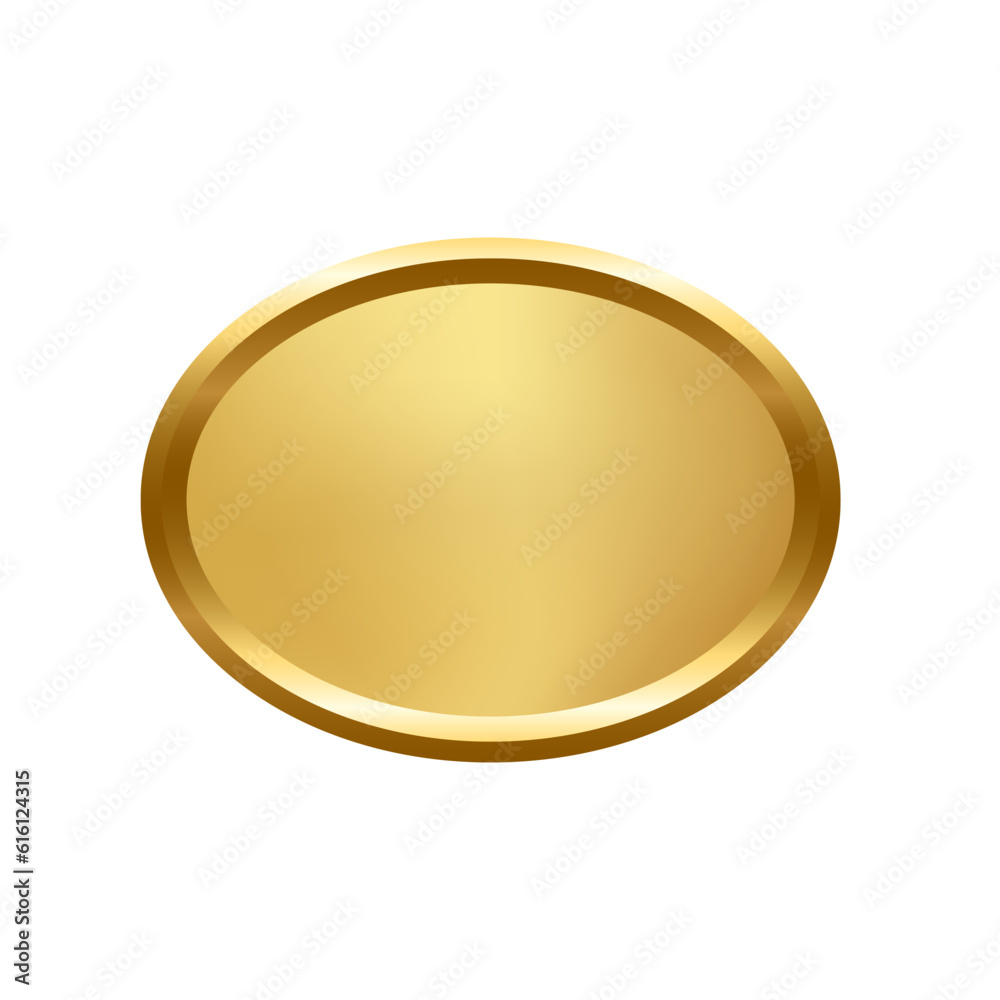 Wall mural gold ellipse button with frame vector illustration. 3d golden glossy elegant oval design for empty e