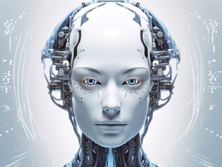 A female artificial intelligence android head, face like human woman, on a white background. Generative AI