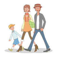 Happy family. Father, mother, and son walking together. Vector illustration