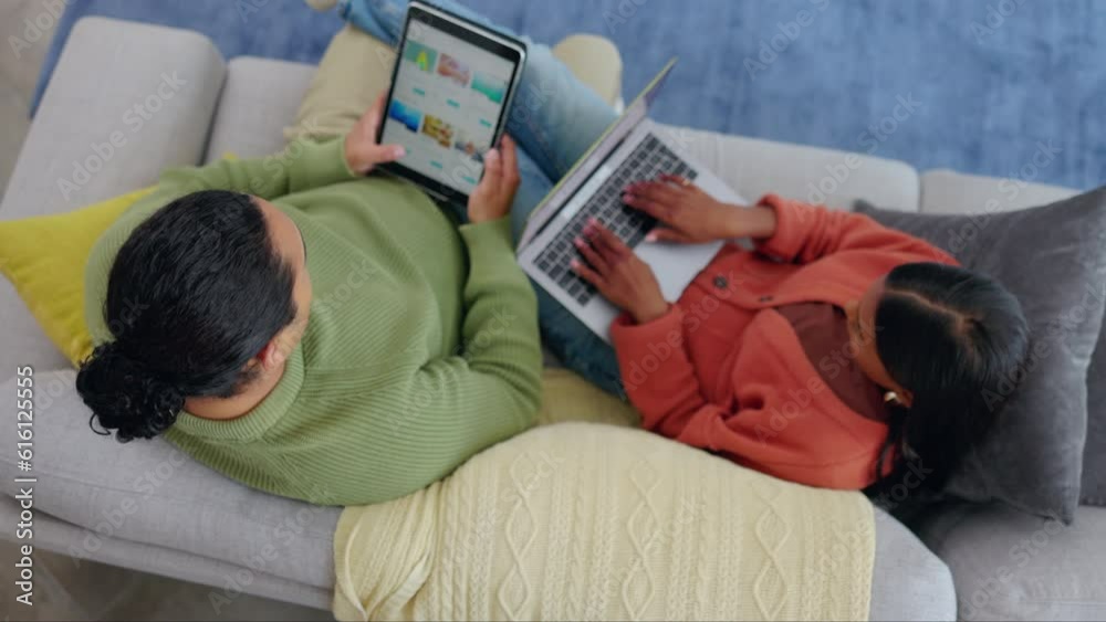 Poster above, remote work and a couple with laptop on the sofa for research, communication and connection. 