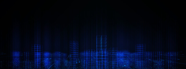 Futuristic big data city data technology modern blue background banner concept, wireframe skyline connecting link structure dark blue contrast copyspace.