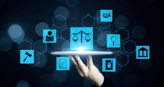 Lawyers working with tablet technology giving business legal advice to clients, companies and business people, dealing with contracts and policies, labor law justice concept, graphic icon background.