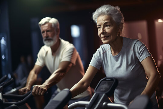 Elderly couple working out on bike machine in fitness gym.