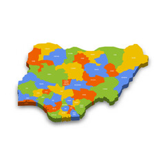 Nigeria political map of administrative divisions - states and federal capital territory. Colorful 3D vector map with country province names and dropped shadow.