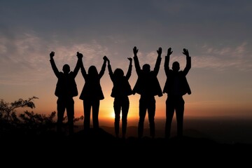 Photo silhouette of happy business team making high hands in sunset sky background. Generative AI