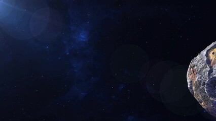 Large metallic asteroid. Asteroid 16 Psyche the large nickel-iron core of an early planet. The Psyche spacecraft will arrive at the asteroid in August 2029. Elements of this video furnished by NASA.