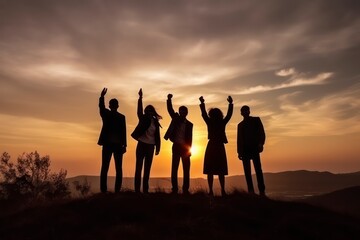 Photo silhouette of happy business team making high hands in sunset sky background. Generative AI