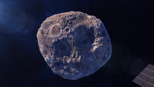 Asteroid 16 Psyche the large nickel-iron core of an early planet. The Psyche spacecraft will arrive at the asteroid in August 2029. Psyche mission. 4k resolution. Elements furnished by NASA.