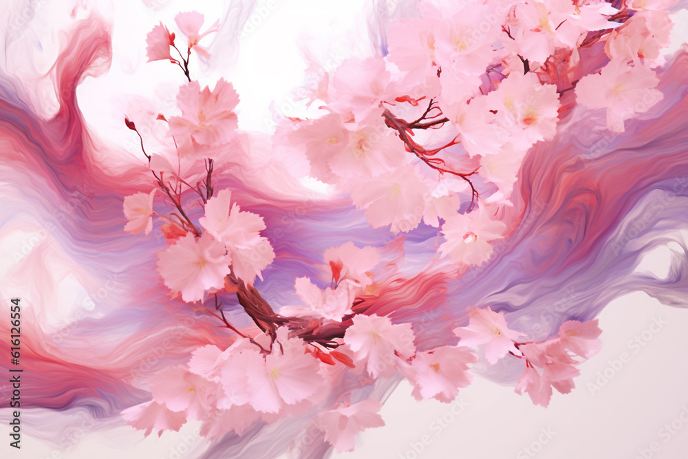 Poster an abstract representation of cherry blossoms in vibrant hues of pink and white, with flowing lines 