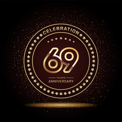 69 year anniversary logo design with double line numbers in gold color, vector template