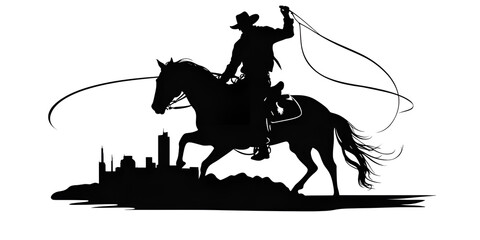 cowboy lassoing silhouette black,  Cowboy On Horse Silhouette, generative Ai - obrazy, fototapety, plakaty