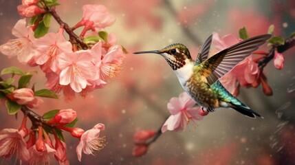Fototapeta na wymiar A Hummingbird's Journey through the Enchanting Pink Bokeh Forest.