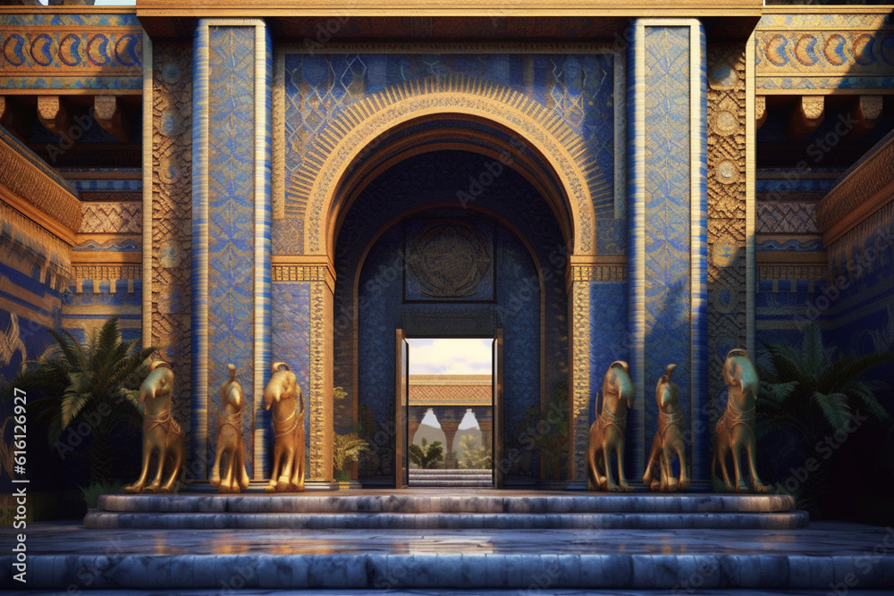 Poster An image featuring abstract interpretations of the majestic Ishtar Gate, with intricate patterns and vibrant blue and yellow tones. Generative AI technology.