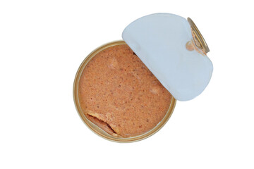 Pate for cats and dogs in metal container. Container isolated on a white background. Conserved nutrition. Top view.
