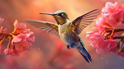 Fototapeta premium A Hummingbird's Serenade in the Beautiful Pink Bokeh Flower Forest.