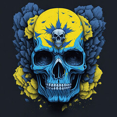 A human skull in yellow and blue leaves