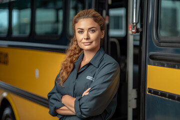 Woman in uniform shirt standing next to open doors of yellow orange school bus, female driver. Generative AI