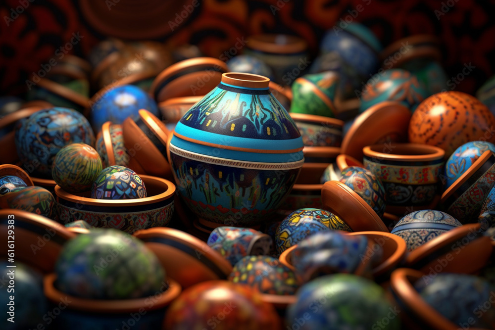 Poster an abstract portrayal of persian pottery, with abstract motifs and earthy tones. generative ai techn