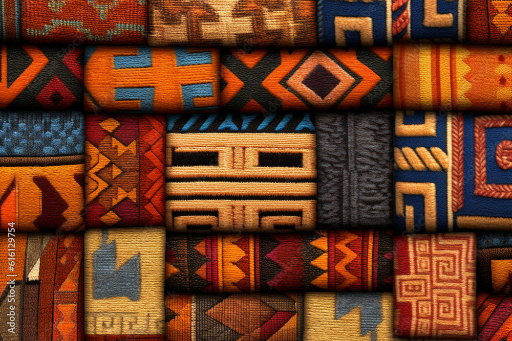 Poster an image featuring abstract interpretations of inca textile patterns, with intricate geometric desig