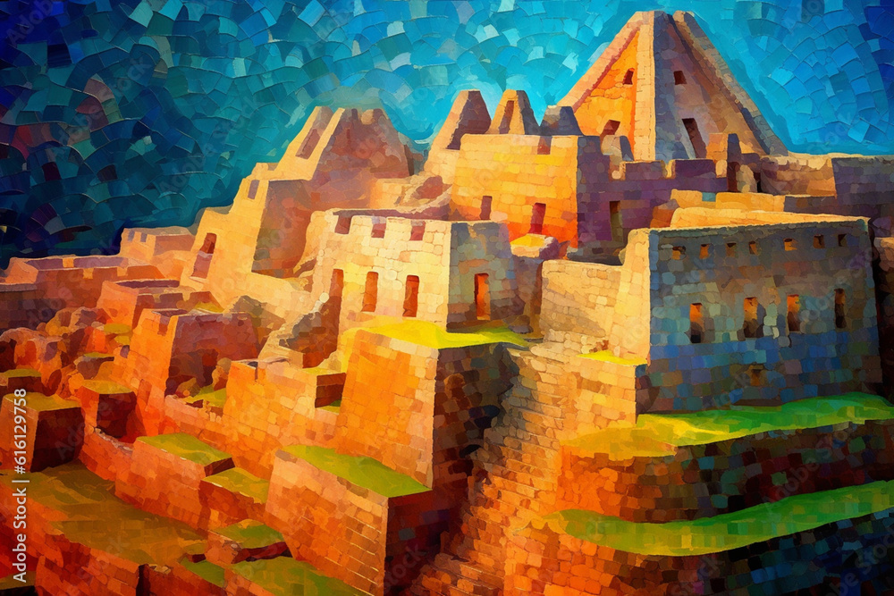 Aufkleber an abstract depiction of the inca citadel of machu picchu, with stylized forms and a mix of vibrant 
